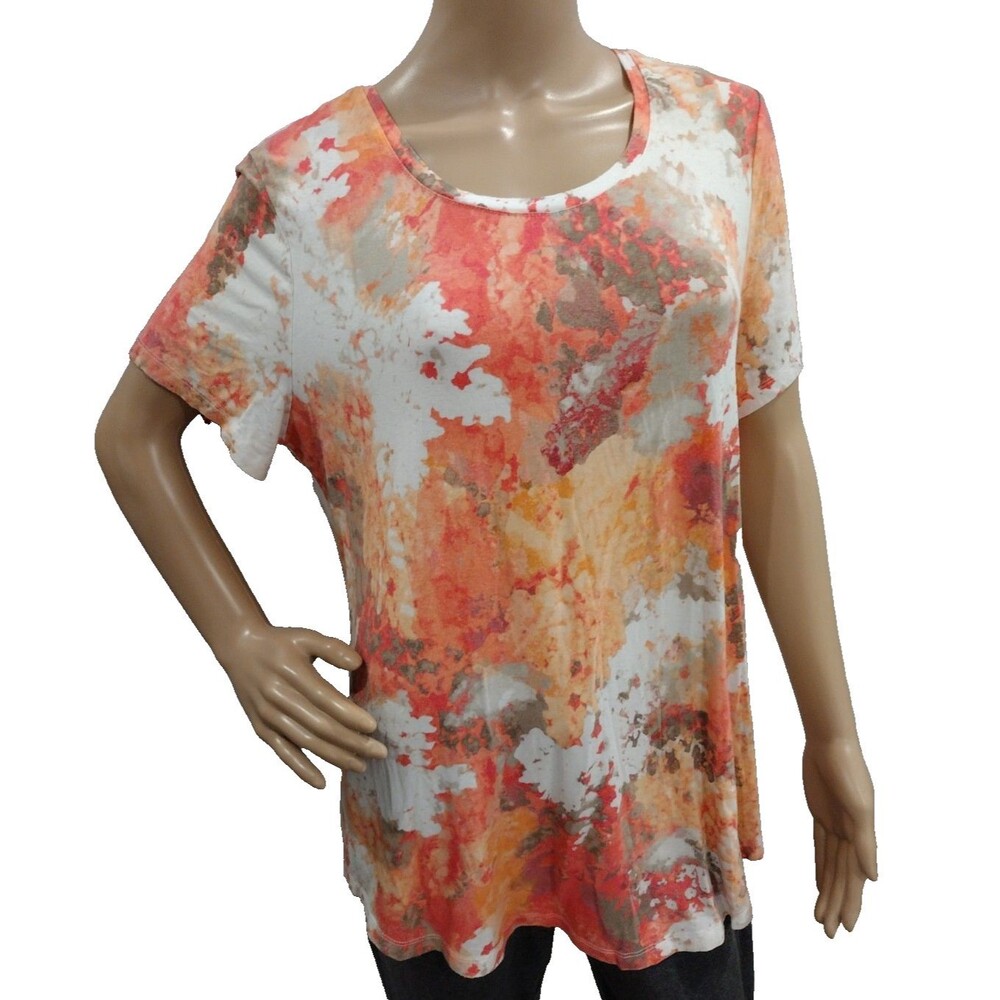 JM Collection Women's Large Orange Peach Coral Soft Stretch Short Sleeve Blouse